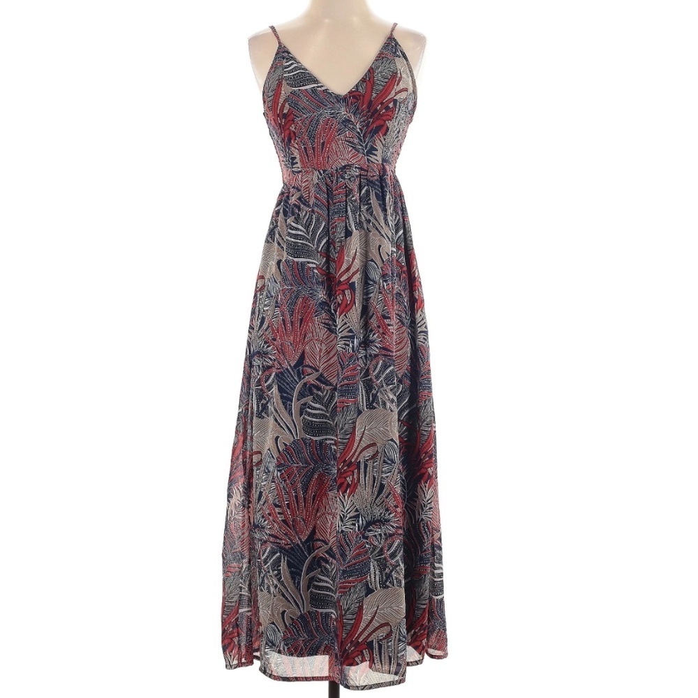 Japna Tropical Floral Leaf Print Smocked Back Spaghetti Strap Maxi Dress Sz XS
